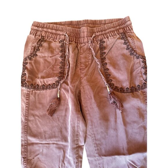 Hei Hei Brown Embroidered Jogger Pants XS Elastic Waist Drawstring Tassels - Picture 2 of 7